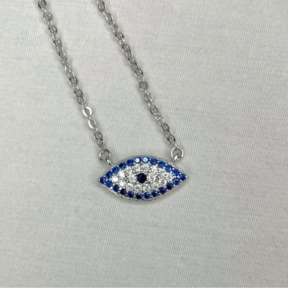 Sterling Silver Evil Eye Pendant Necklace White and Blue Zircon New in box - Picture 2 of 5